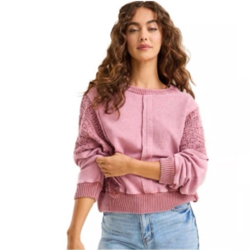 ALTAR’D STATE M Jenna Ash Rose Pink Stone Washed Crochet Pieced Crewneck Top